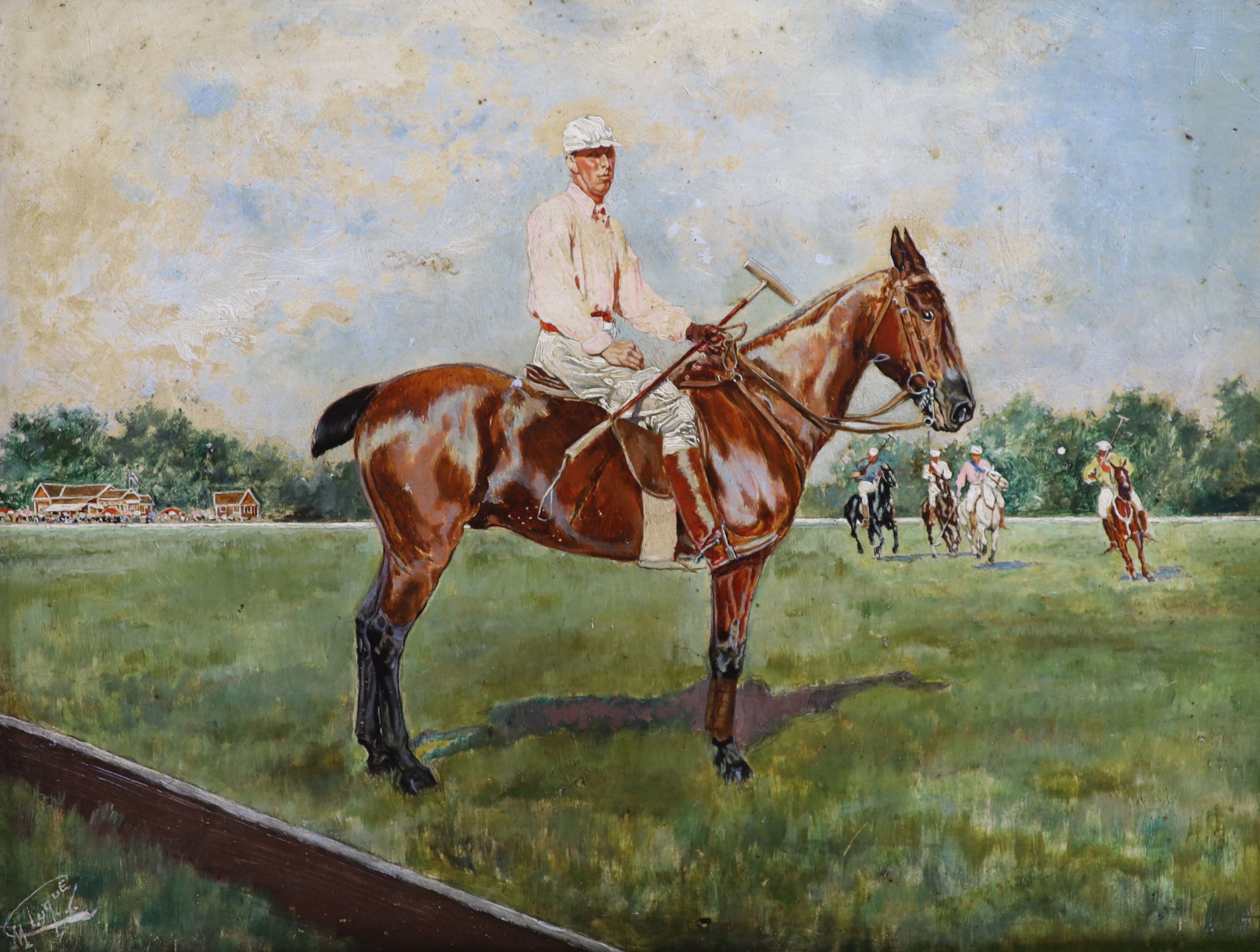 Manuel Luque (Spanish, 1853 – 1912) oil on wooden panel, portrait of a polo player, in full profile before distant players and buildings, signed, 26 x 34 cm.